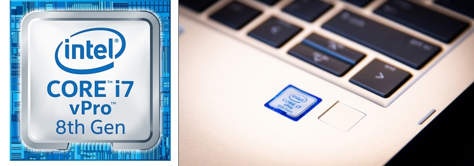 인텔 8세대 v프로 프로세서 로고(좌), 인텔 8세대 v프로 프로세서 탑재 노트북 (제공=인텔코리아)