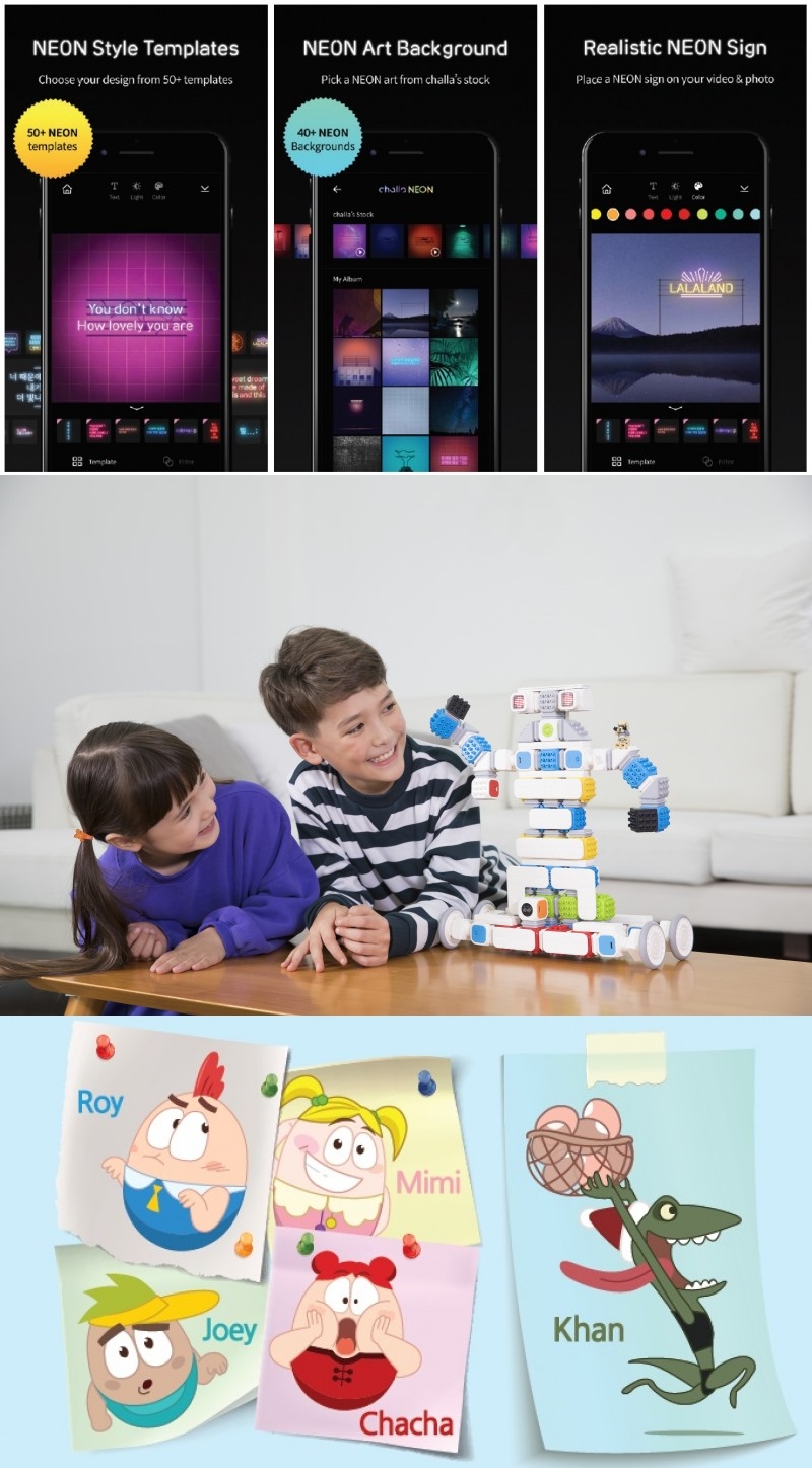 (위에서부터) 플랫팜의 디자인 앱 ‘찰라네온’·무선통신블록과 코딩 애플리케이션을 활용한 STEAM 교육 플랫폼을 제공하는 큐브로이드·논버벌 애니메이션 ‘에그로이’ (사진=NIPA)