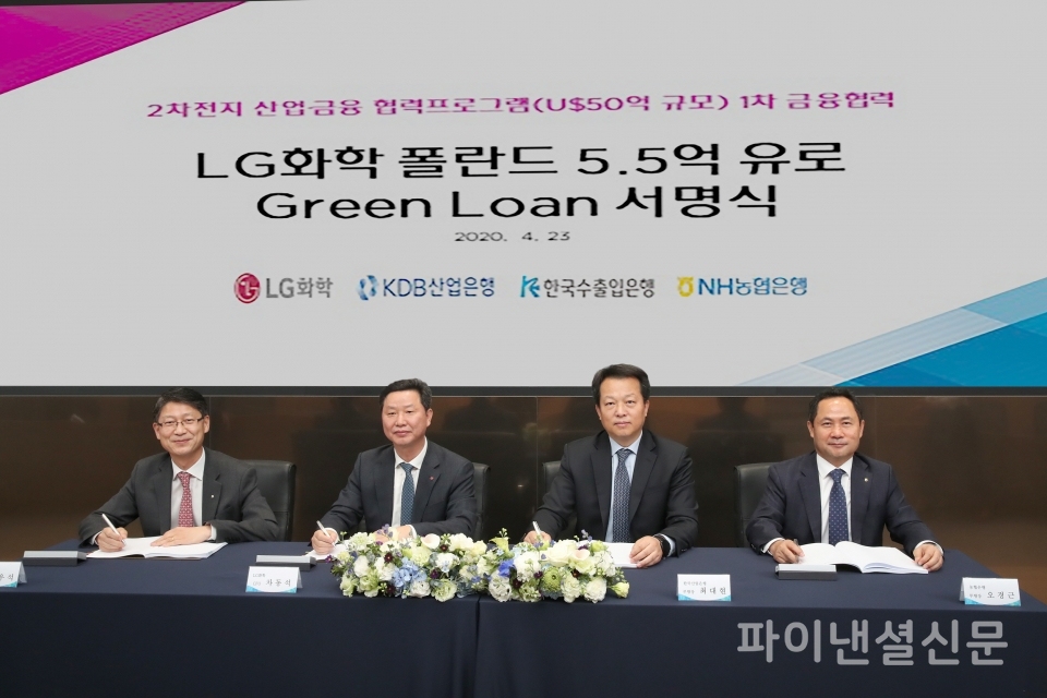 23(목)    ○ 장  소 : 한국산업은행 본점 IR센터  ○ 인  물    [서명식 1]    (왼쪽부터)    - 1번째 : 한국수출입은행 권우석 본부장    - 2번째 : LG화학 차동석 CFO    - 3번째 : 한국산업은행 최대현 부행장    - 4번째 : 농협은행 오경근 부행장