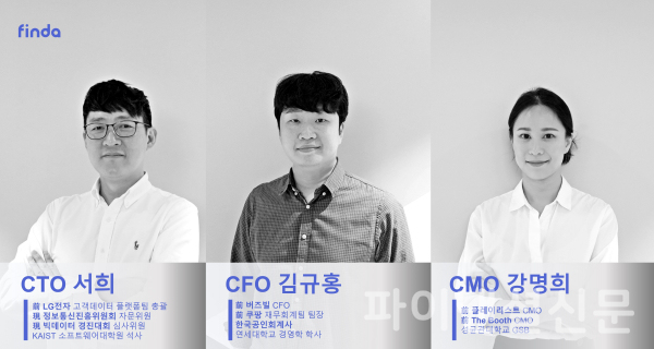 핀다가 테크, 재무, 마케팅 부문에 최고책임자를 영입했다. 왼쪽부터 서희 CTO, 김규홍 CFO, 강명희 CMO (사진=핀다)