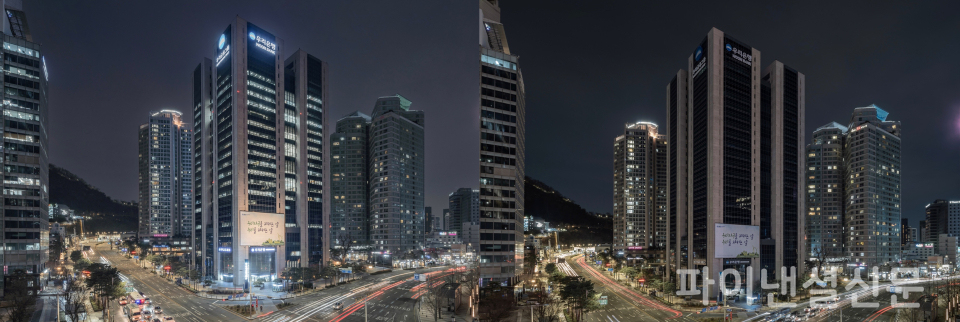 지난 26일 지구촌 전등 끄기 캠페인 '2022 어스 아워'에 동참한 우리금융그룹 본사 소등 전(좌측)과 후 전경 (사진=우리금융그룹)