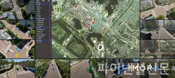 네이버랩스 디지털 트윈 기술로 구축한 실제 서울 상암지역의 정밀지도(HD map) 데이터가 모라이 자율주행 시뮬레이션에 적용된 모습 (사진=네이버클라우드)