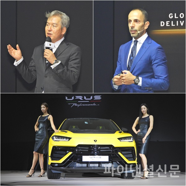 람보르기니 서울 김종복 대표(왼쪽 위)와 오토모빌리 람보르기니 아시아 태평양 지역 총괄 프란체스코 스카르다오니(오른쪽 위)가 신형 SUV 우르스 퍼포만테에 대해 설명하고 있다. (사진=황병우 기자)