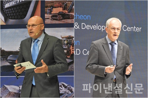 (왼쪽)토마스 쿠타 볼보건설기계 아시아 총괄 부회장과 (오른쪽)앤드류 나이트 볼보그룹코리아 대표가 각각 볼보그룹의 글로벌 탄소중립 전략에 대해 설명하고 있다. (사진=황병우 기자)