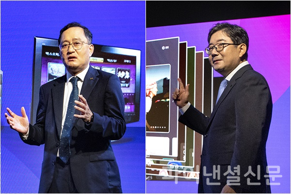 KT는 4일 노보텔 앰배서더 서울 동대문 호텔에서 기자간담회를 열고 IPTV 서비스 '올레 tv'를 '지니 TV'로 새롭게 개편한다고 밝혔다. (왼쪽) KT 커스터머부문장 강국현 사장과 KT 모델이 지니 TV를 소개하는 모습. (오른쪽) KT 미디어플랫폼사업본부장 김훈배 전무가 KT IPTV의 새로운 브랜드, 지니 TV를 소개하고 있다. (사진=KT)