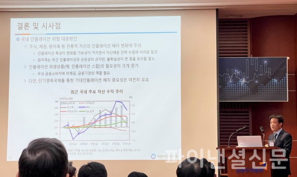 장근혁 자본시장연구원 선임연구위원이 13일 여의도 금융투자센터 3층 불스홀에서 열린 ‘인플레이션 시대 금융의 역할’ 정책세미나에서 '인플레이션과 자산 수익률 간 관계' 주제발표에서 "인플레 위험 관리를 위한 전문지식 중요성이 커지는 만큼 금융기관의 역할 또한 중요해질 것"이라고 발표하고 있다. (사진=임영빈 기자)