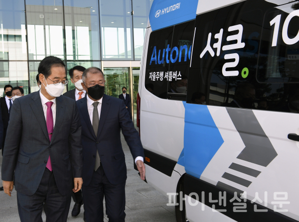 19일 경기도 화성시 소재 현대차·기아 기술연구소에서 한덕수 국무총리(사진 좌측)와 현대차그룹 정의선 회장(사진 우측)이 현대차 자율주행차인 쏠라티 로보셔틀에 탑승하려고 하는 모습 (사진=현대차그룹)