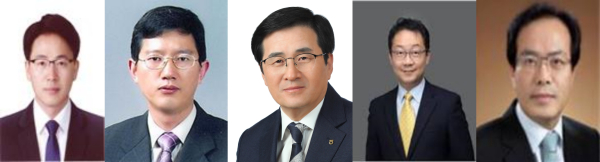 (사진 왼쪽부터 오른쪽으로) 이석용 신임 농협은행장 후보, 윤해진 농협생명보험 신임 대표이사 후보, 서옥원 신농협캐피탈 신임 대표이사 후보, 김현진 NH벤처투자 신임 대표이사 후보, 이종백 농협금융지주 사외이사 (NH농협금융지주 제공)
