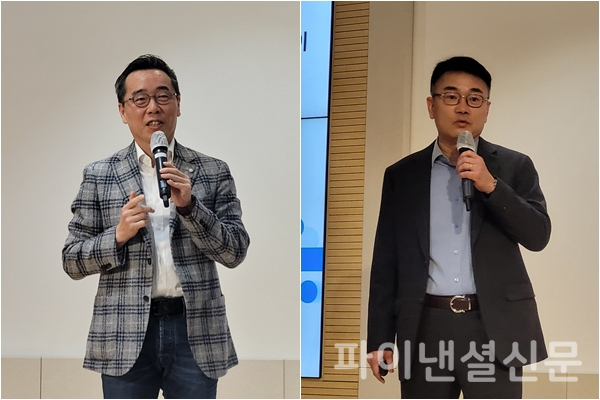 지난 10일 삼성SDS 잠실캠퍼스에서 열린 클라우드 미디어데이 기자간담회에서 삼성SDS 황성우 대표이사(왼쪽)과 삼성SDS 구형준 클라우드서비스사업부장이 각각 회사와 서비스를 소개하고 있다. (사진=황병우 기자)
