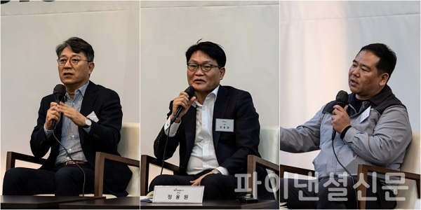 KG 모빌리티가 Vision Tech Day(비전 테크 데이)를 갖고 전동화 기술과 신제품 출시계획 등 모빌리티 기업으로의 도약을 위한 로드맵을 발표했다. 사진은 (왼쪽부터) KG 모빌리티 곽재선 회장, KG 모빌리티 정용원 대표이사, KG 모빌리티 선목래 노조위원장이 기자들의 질문에 답하고 있는 모습. (사진=KG 모빌리티)