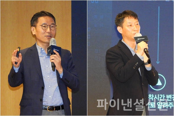 18일 삼성SDS 잠실 캠퍼스에서 열린 첼로스퀘어(Cello Square) 기자 간담회에서물류사업부장 오구일 부사장(왼쪽)과 첼로스퀘어 전략팀장 최봉기 상무(오른쪽)가 첼로스퀘어 로드맵에 대해 설명하고 있다. (사진=황병우 기자)