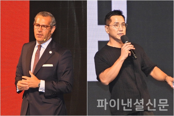 25일 서울 용산구 드래곤시티 호텔에서 열린 '인터브랜드 2023 베스트 코리아 브랜드 컨퍼런스'에서 인터브랜드 글로벌 곤잘로 브루호 CEO(왼쪽)와 인터브랜드 한국법인 문지훈 대표(오른쪽)가 각각 인사말과 순위에 오른 기업들을 소개하고 있다. (사진=황병우 기자)