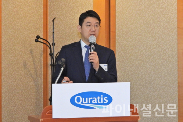 26일 코스닥 상장을 앞두고 개최된 IPO 기자간담회에서 조관구 큐라티스 대표이사가 회사소개와 코스닥 상장 후 계획에 대해 발표하고 있다. (사진=황병우 기자)