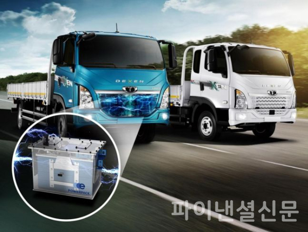HD현대인프라코어의 배터리팩이 탑재될 타타대우상용차 준중형 트럭. (사진=HD현대인프라코어)
