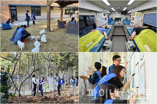 (왼쪽 위부터 시계방향) 삼성전자 유기견 봉사, 삼성전기 헌혈, 삼성물산 패션 벽화그리기, 삼성생명 식목 봉사 모습. (사진=삼성)