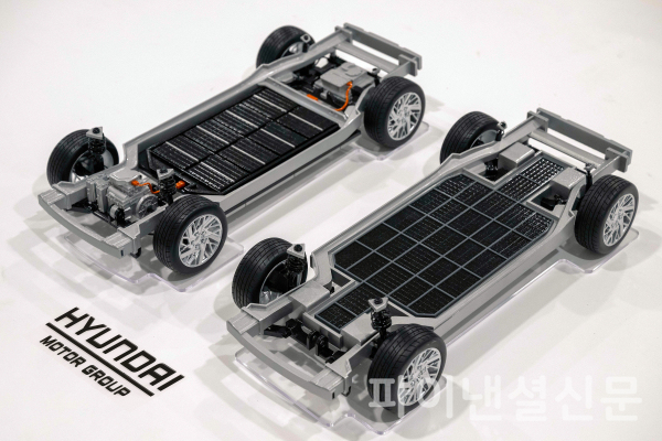 기존 전기차의 차체 하부 구조를 반영한 모델카(왼쪽)와 유니휠이 장착된 차체 하부 구조를 반영한 모델카(오른쪽) 비교 모습 (사진=현대차그룹)