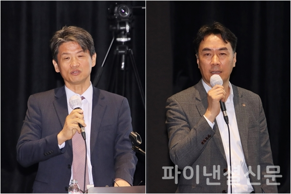 5일 한화오션 설명회에서 법무법인 율촌 정원 변호사(왼쪽)와 한화오션 특수선영업사업부 배선태 수석부장(오른쪽)이 기자들의 질의에 답변하고 있다. (사진=황병우 기자)
