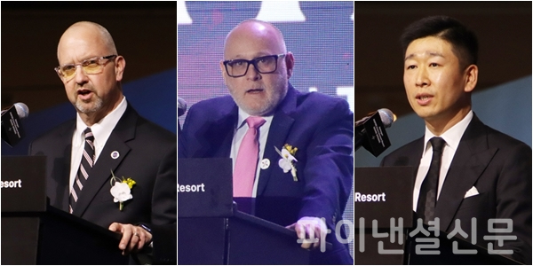 5일 열린 모히건 인스파이어 그랜드 오프닝 기념식에서 각각 환영사와 인사말을 하는 (왼쪽부터) 모히건부족협의회 제임스 게스너 (James Gessner) 의장, 모히건 社 레이 피널트 (Ray Pineault)  사장 겸 CEO, 모히건 인스파이어 첸 시 (Chen Si) 사장 (사진=황병우 기자)
