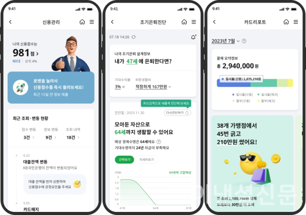(왼쪽부터) 신용점수관리, 조기은퇴진단, 카드리포트 서비스 화면 (NH농협은행 제공)