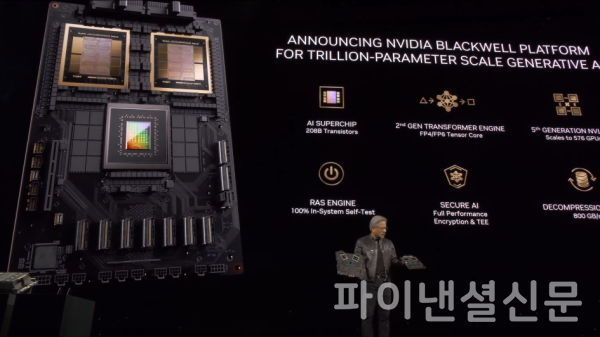 젠슨 황 엔비디아 CEO가 GTC 2024에서 직접 소개한 블랙웰 플랫폼 모습 (사진=엔비디아 GTC 기조연설 유튜브 화면 캡처)
