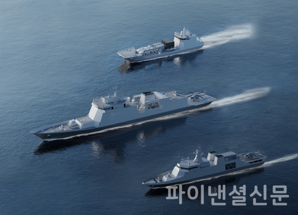 HD현대중공업이 페루로부터 수주한 3천400톤급 호위함(가운데), 2천200톤급 원해경비함(아래), 1천400톤급 상륙함의 조감도 (사진=HD현대중공업)