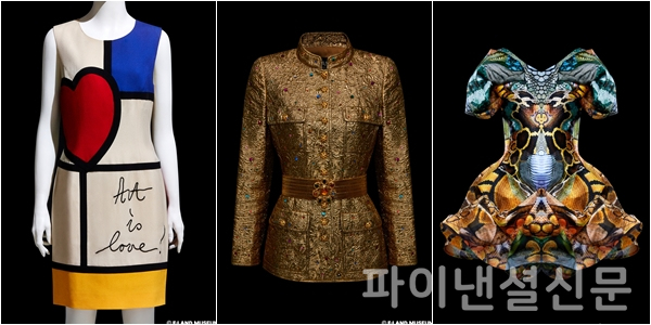 (왼쪽부터) 모스키노 칩앤시크 아트 이즈 러브(Art Is Love) 드레스 1993 S/S Collection, 샤넬 by 칼 라거펠트 골드 재킷 1996, 알렉산더 맥퀸 디지털 프린트 오간자 드레스 2010 S/S 'Plato's Atlantis' Collection (사진=이랜드뮤지엄)
