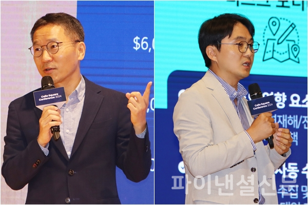 (왼쪽부터) 삼성SDS 물류사업부장 오구일 부사장과 삼성SDS 첼로스퀘어 운영팀장 김성곤 상무가 각각 발표를 진행하는 모습. (사진=황병우 기자)