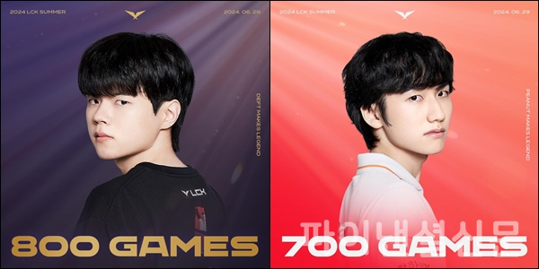 2024 LCK 서머 3주 차에서 각각 800전과 700전을 달성한 '데프트' 김혁규(왼쪽)와 '피넛' 한왕호(오른쪽) (사진=LCK)