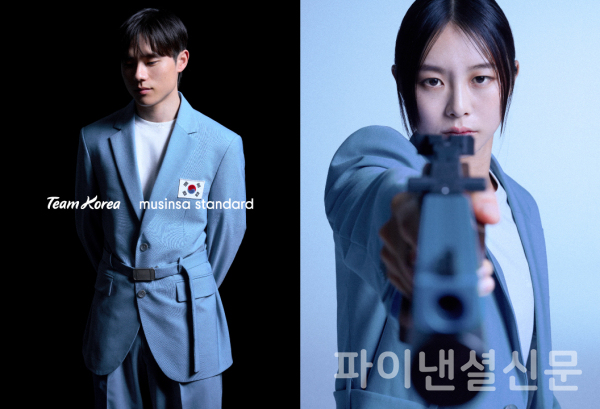 무신사 스탠다드가 제작한 ‘제33회 파리 하계올림픽대회’ 대한민국 국가대표팀 개·폐회식 단복을 입은 기계체조 종목의 김한솔 선수(왼쪽)와 근대5종 종목의 김선우 선수(오른쪽) 화보 (사진=무신사 스탠다드)