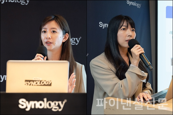 지난 10일 시놀로지 기자간담회에서 (왼쪽부터) 조앤 웡(Joanne Weng) 국제 사업 총괄, 석미은 시니어 세일즈 매니저이 신제품을 소개하고 있다. (사진=시놀로지)