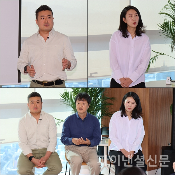 (위 왼쪽)밀리의서재 신규 서비스를 소개하는 이성호 독서당 본부장, (위 오른쪽)차세대 AI 기반 서비스 'AI 독파밍'을 소개하는 방은혜 AI 서비스 본부장, (아래 왼쪽부터)이성호 독서당 본부장, 박현진 대표, 방은혜 AI 서비스 본부장 등이 기자들과 Q&A를 하느 모습. (사진=황병우 기자)