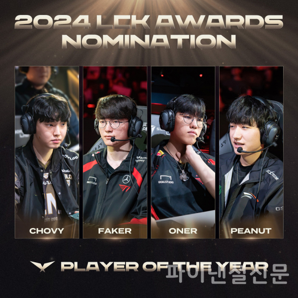 2024 LCK 어워드의 최대 관심사인 '올해의 선수' 부문에서 경합을 펼칠 (왼쪽부터) '쵸비' 정지훈, '페이커' 이상혁, '오너' 문현준, '피넛' 한왕호 (사진=LCK).