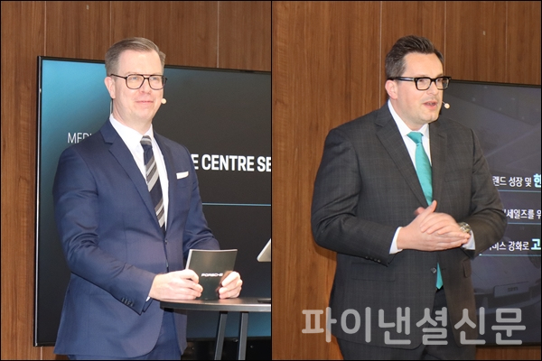 지난 12일 '포르쉐 서비스 센터 성수' 오픈 기념 미디어 워크샵에서 포르쉐코리아 마티아스 부세 대표(왼쪽)와 홀가 브란트 애프터 세일즈 디렉터(오른쪽)가 그동안의 성과와 한국 내 NW 강화 계획 등을 설명하고 있다. (사진=황병우 기자)