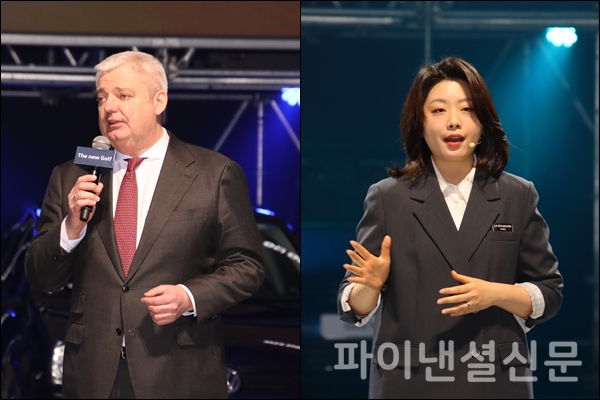 14일 인천 영종도 인스파이어 리조트에서 열린 폭스바겐 골프 8세대 부분변경 모델 미디어 발표회에서 (왼쪽부터) 틸 셰어 폭스바겐그룹코리아 대표이사 사장, 이지현 폭스바겐코리아 상품기획팀 부장이 각각 골프의 헤리티지와 신형 골프의 상품성에 대해 설명하고 있다. (사진=황병우 기자)