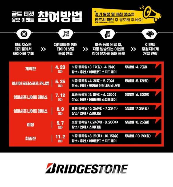 브리지스톤 타이어 구매 고객 대상 '2025 오네(O-NE) 슈퍼레이스 골드 티켓' 응모 행사 일정 (사진=브리지스톤)