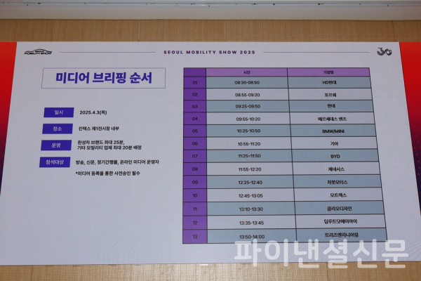 오는 4월 3일부터 시작하는 2025서울모빌리티쇼 언론공개행사(미디어데이)의 각 브랜드별 진행 순서 (사진=황병우 기자)
