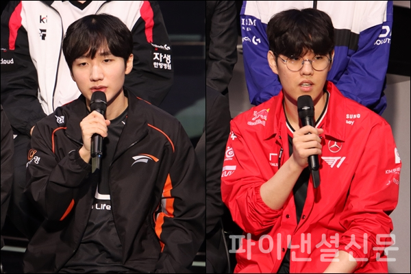 (왼쪽) 한화생명e스포츠를 대표해 미디어데이에 참가한 ‘피넛’ 한왕호, (오른쪽) T1을 대표해 미디어데이에 참가한 ‘오너’ 문현준 (사진=황병우 기자)