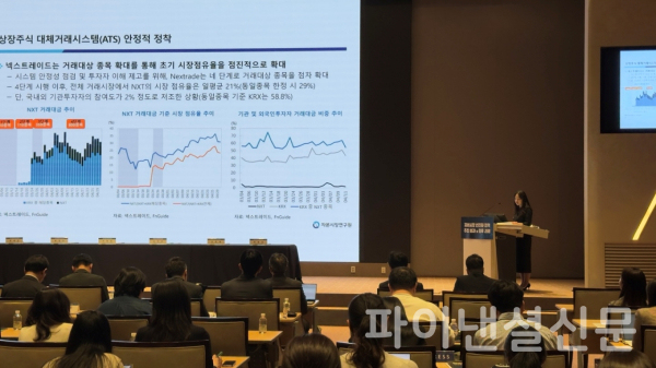 강소연 자본시장연구원 자본시장실장이 8일 서울 여의도 한국거래소 1층 컨퍼런스홀에서 열린 '자본시장 선진화 정책 추진 성과 및 향후 과제' 세미나에서 '기업가치 제고와 자본시장 신뢰 강화 과제'를 주제로 발표를 하고 있다. (사진=임영빈 기자)