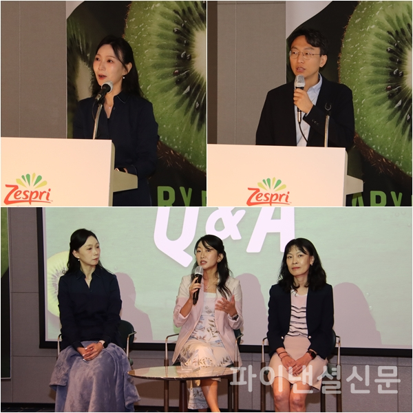 (왼쪽 위) 28일 개최된 제스프리 ‘영양소 밀도 중심의 건강한 식단 연구 결과 발표’ 기자 간담회에서 홍희선 제스프리 코리아 마케팅 상무가 영양소 밀도가 높은 키위를 중심으로 한 국내 소비자 마케팅 전략 및 캠페인 실행안에 대해 설명하고 있다. (오른쪽 위) 정희원 박사가 ‘저속노화’와 키위의 연관성을 소개하고 있다. (아래) 발표 종료 후 기자를 대상으로 질의응답을 진행하고 있는 왼쪽부터 홍희선 제스프리 코리아 마케팅 상무, 콕휘 응 제스프리 인터내셔널 마케팅 제너럴 매니저, 신상아 중앙대학교 식품영양학과 신상아 교수 (사진=황병우 기자)