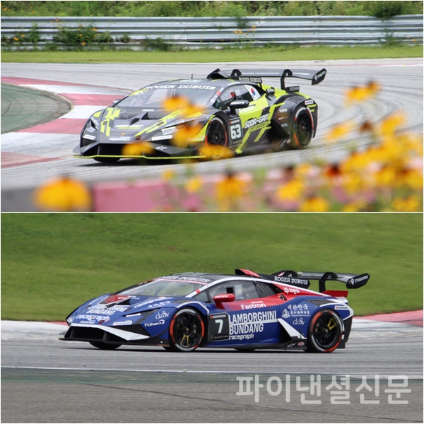 강원도 인제 스피디움에서 열린 람보르기니 슈퍼 트로페오 아시아 4라운드중 프로-암 클래스에 출전한 이창우(SQDA-그릿 모터스포트)의 63번 경주차량(위)과 프로 클래스에 출전한 이정우(레이스그래프)의 7번 경주차량(아래) (사진=황병우 기자)