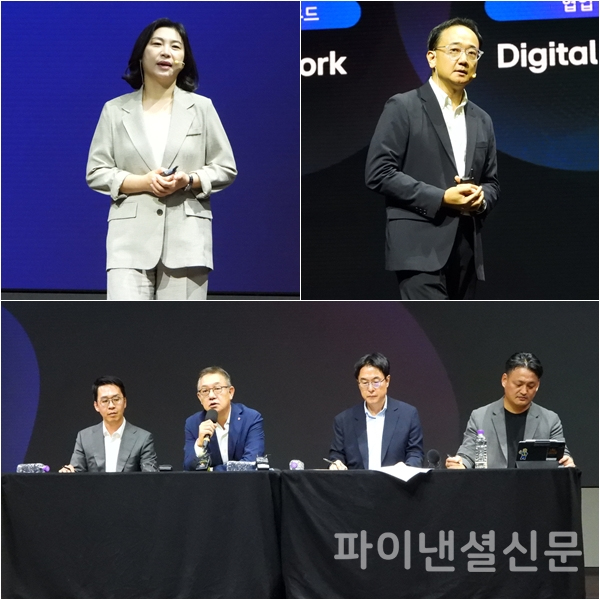 (위 왼쪽)25일 LG CNS AX 미디어데이에서 LG CNS GenAI사업담당 임은영 담당이 기업용 에이전틱 AI 플랫폼 '에이전틱웍스'를 소개하고 있는 모습, (위 오른쪽)LG CNS 디지털AX담당 이승찬 상무가 기업용 에이전틱 AI 서비스 '에이엑스씽크'를 소개하고 있는 모습. (아래 왼쪽부터)LG CNS 전략담당 홍진헌 상무, CEO 현신균 사장, 디지털비즈니스사업부장 김홍근 부사장,  AI클라우드사업부장 김태훈 전무 등이 기자들의 질의에 답변하는 모습. (사진=황병우 기자)