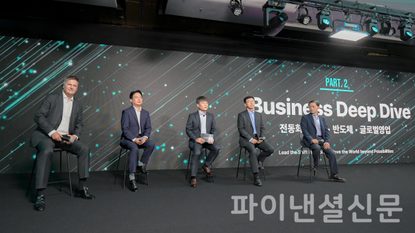 27일 여의도 페어몬트호텔에서 열린 '2025 CEO 인베스터 데이'에서 현대모비스 경영진이 전동화와 전장, 반도체, 글로벌 영업 등 부문별 세부 실행 전략을 설명하고 있다. 왼쪽부터 현대모비스 영업부문 악셀 마슈카 부사장, 반도체사업담당 박철홍 전무, 이규석 사장, 전장BU 정수경 부사장, 전동화/모듈BU 김선섭 부사장 (사진=현대모비스)