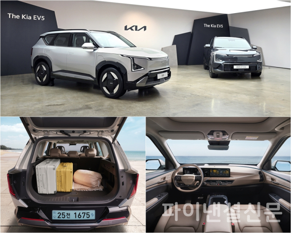 (위)EV5 미디어 데이 행사장에 전시된 (왼쪽부터)EV5 기본 모델과 GT-라인, (아래)EV5 내장 모습 (사진=기아)