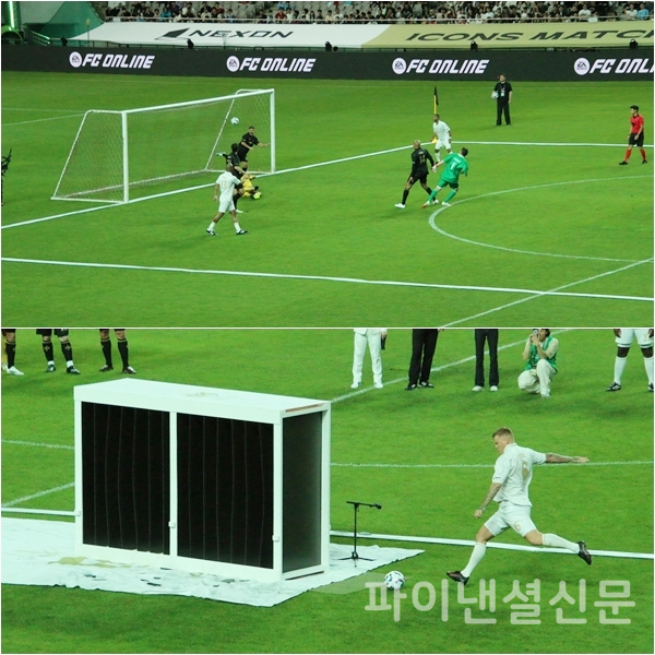 '1vs1 끝장 대결'에서 3:3으로 승부하는 모습(위), '파워도르' 대결에서 욘 아르네 리세가 공을 차는 모습(아래) (사진=황병우 기자)