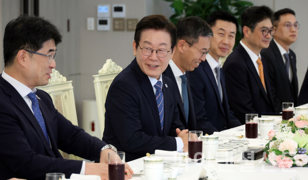 이재명 대통령(사진 왼쪽 두 번째)이 18일 서울 용산 대통령실에서 증권사 리서치센터장들과 오찬 간담회를 하고 있다. (사진=연합뉴스)
