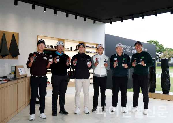 (왼쪽부터) 옥태훈, 마쓰야마 히데키, 나카지마 케이타, 최승빈, 임성재, 안병훈 선수가 기념 촬영을 하는 모습 (사진=제네시스)