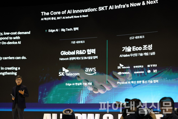 정재헌 SK텔레콤 CEO가 3일 코엑스에서 열린 'SK AI 서밋 2025' 에서 기조연설을 하고 있다. (사진=황병우 기자)