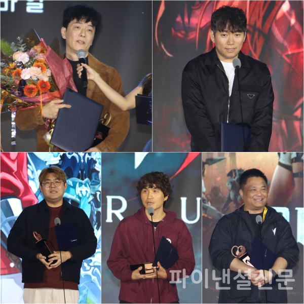 (위 왼쪽부터) 김동건 데브캣 대표, 윤명진 네오플 대표 (아래 왼쪽부터) 김정민 넷마블 넥서스 대표, 최지원 라운드8 디렉터, 권민관 넷마블엔투 대표 (사진=황병우 기자)