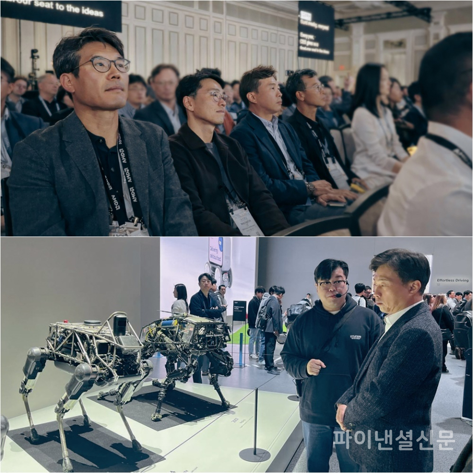 (위)SK하이닉스 곽노정 대표이사 사장(왼쪽에서 세 번째)이 5일(현지시간) 미국 라스베이거스 베네시안 호텔에서 열린 리사 수 AMD CEO의 기조연설에 참가했다. (아래)첨단기술 및 시장 동향 파악을 위해 CES 2026 현장을 꼼꼼히 살펴보고 있는 SK하이닉스 곽노정 대표이사 사장 (사진=SK하이닉스)