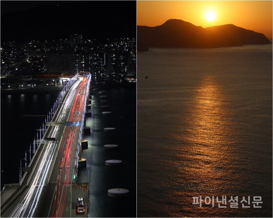 윈덤 그랜드 부산 호텔 24층 객실에서 촬영한 남항대교 야경(왼쪽)과 부산 앞바다 일출(오른쪽) (사진=황병우 기자)